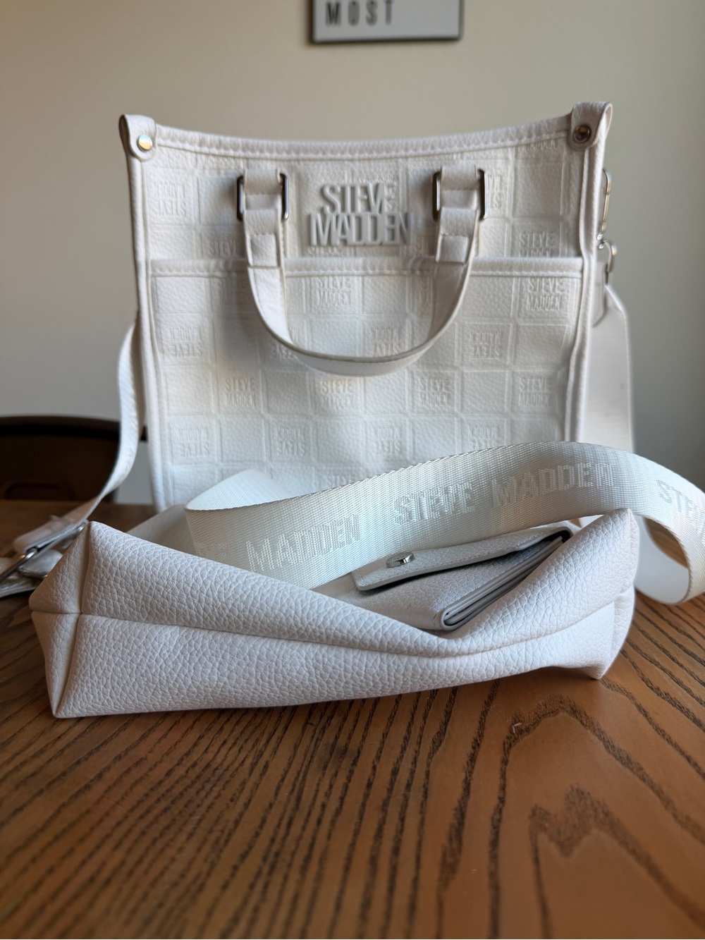 Steve Madden White Embossed Logo Shoulder Tote with Detachable Strap
